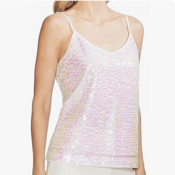 NWT Vince Camuto Iridescent White & Pink Sequined Lined Strap Cami Tank – Size S - Picture 1 of 13